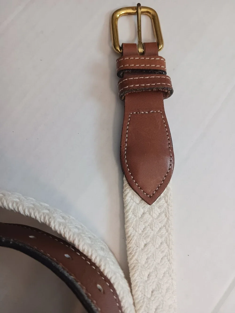 Vtg Dockers Woven Canvas White Belt , Brass Buckle Sz 38 #2321 Made In USA